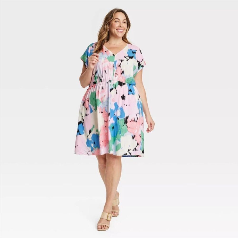 Ava & Viv Abstract Print V-Neck Multicolor Pullover Dress Art To Wear Boho
